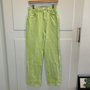 Zara Womens High Rise Straight Leg Jeans Lime Green Size 2 Acid Wash Denim